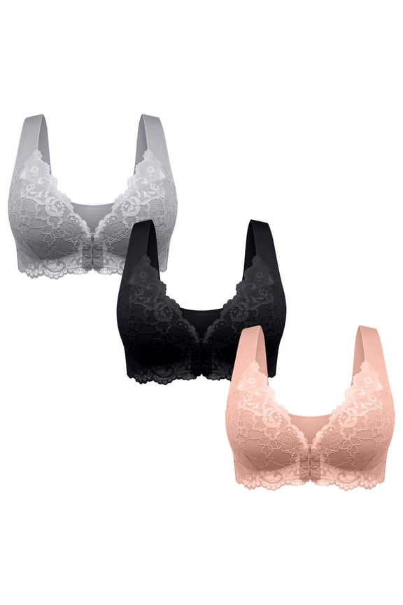 Women 3 Pack Front Closure Post Surgery Compression Everyday Bras for Mastectomy Support with Floral Lace Wirefree