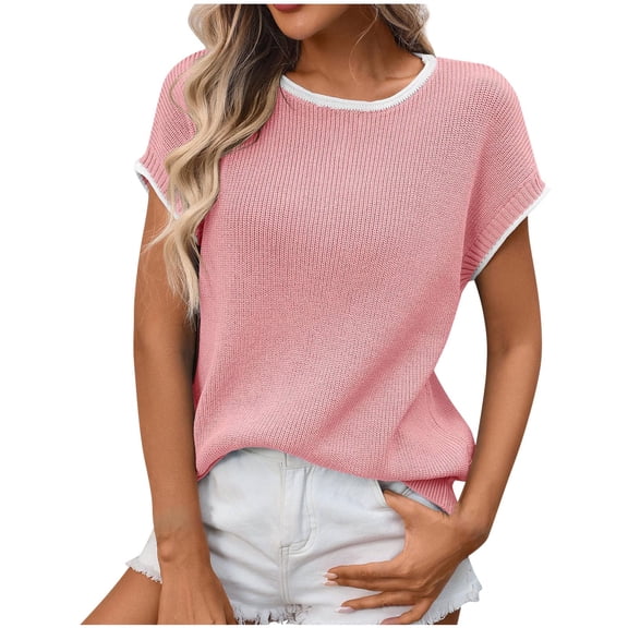 DAFPZW Women Eyelet Knitted T-Shirts Ribbed Cuffs Short Sleeve Blouses Baggy Stretchy Crew Neck Pullover Tops Casual Clothes