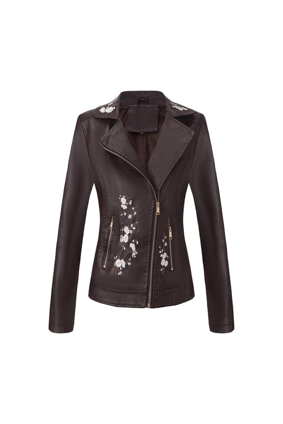 Women Faux Leather Jacket Studded Rivet Floral Moto Biker Coat