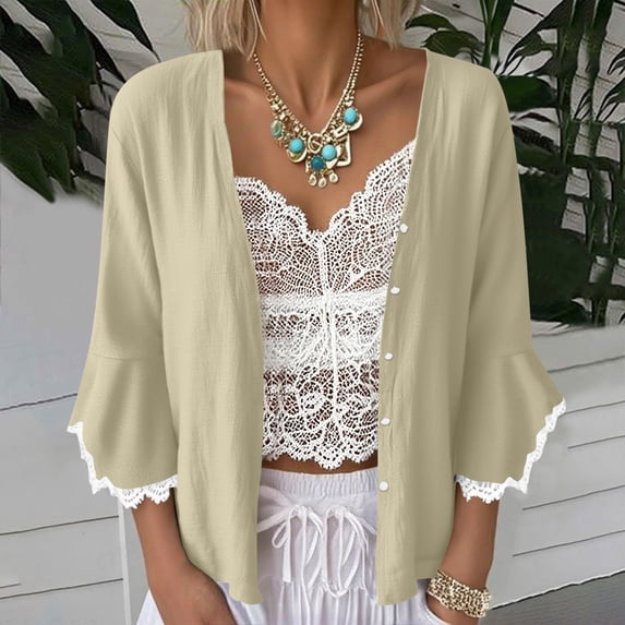 DAFPZW Women Lace Trim Cardigan Ruffle 3/4 Bell Sleeve Cropped Linen Shirts Button Open Front Lightweight Short Shrugs