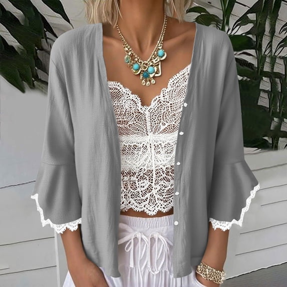 DAFPZW Women Lace Trim Cardigan Ruffle 3/4 Bell Sleeve Cropped Linen Shirts Button Open Front Lightweight Short Shrugs