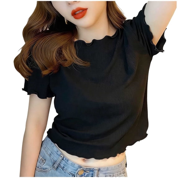 DAFPZW Women Lettuce Edge T-shirt Short Sleeve Multi Color Summer Ribbed Crop Tops Basic Round Neck Vintage Tees