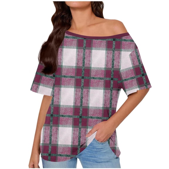 DAFPZW Women Plaid T-Shirt Off The Shoulder Loose Fit Short Sleeve Shirts Oversized Checkered Tees Homewear Outfits