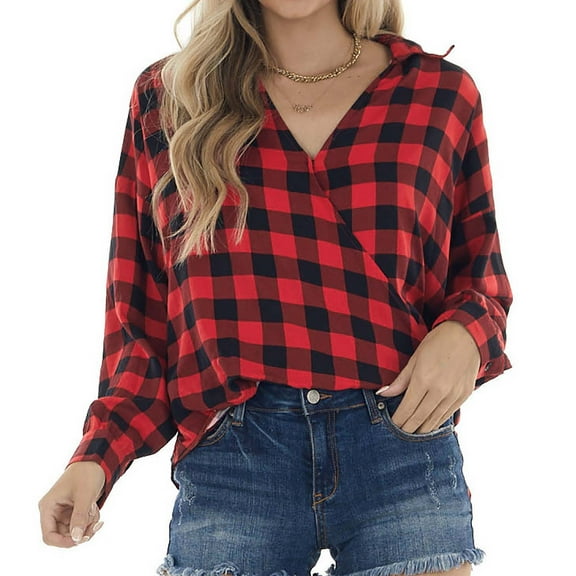 DAFPZW Women Plaid Tunic Tops Blouse V Neck Wrap Front Loose Fit Comfy Stylish Fall Shirt Long Sleeve Casual Work Tops