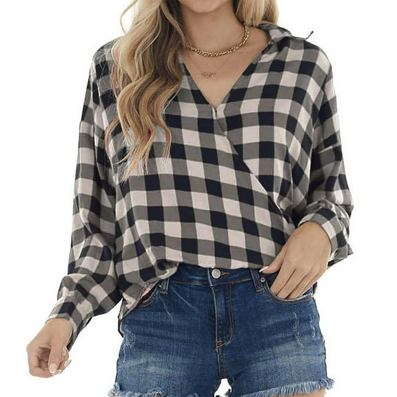 DAFPZW Women Plaid Tunic Tops Blouse V Neck Wrap Front Loose Fit Comfy Stylish Fall Shirt Long Sleeve Casual Work Tops