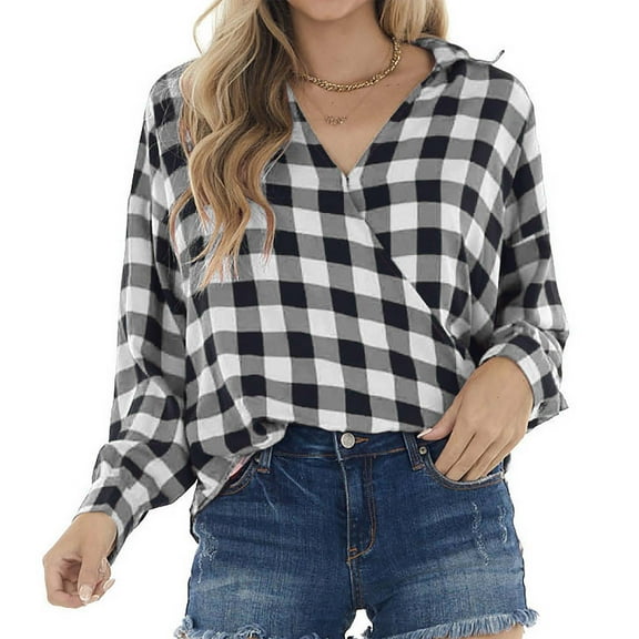 DAFPZW Women Plaid Tunic Tops Blouse V Neck Wrap Front Loose Fit Comfy Stylish Fall Shirt Long Sleeve Casual Work Tops