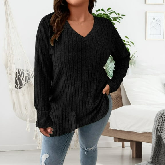 DAFPZW Women Plus Size Casual Knit V Neck Lightweight Long Sleeve Sweaters