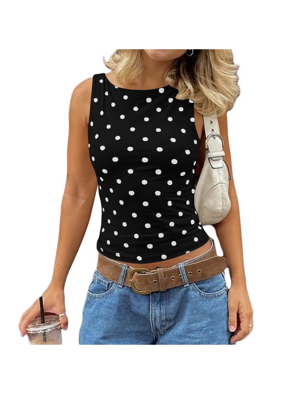 Women Polka Dot Crop Tank Top Y2k Slim Fitted Going Out Sleeveless Tee Shirts Sexy Crew Neck Dressy Casual Blouses