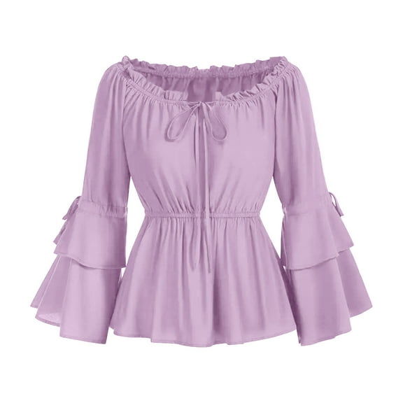 DAFPZW Women Renaissance Blouse Off Shoulder Peasant Blouses Bell Sleeve Boat Neck Shirt Ruffle Peplum Tops Pirate Costume