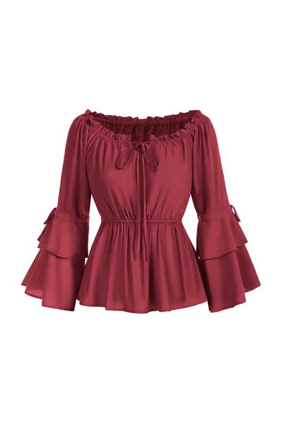 Women Renaissance Blouse Off Shoulder Peasant Blouses Bell Sleeve Boat Neck Shirt Ruffle Peplum Tops Pirate Costume