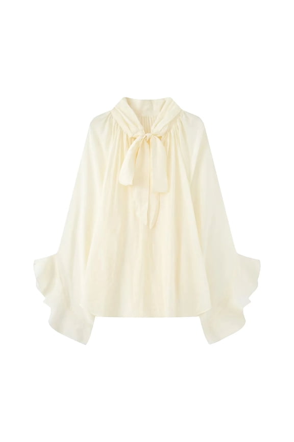 Women Ruffle Long Flare Sleeve Blouses Dressy Casual Tie Mock Neck Shirts Elegant Pleated Holiday Vacation Tunic Tops