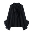 thumbnail image 1 of DAFPZW Women Ruffle Long Flare Sleeve Blouses Dressy Casual Tie Mock Neck Shirts Elegant Pleated Holiday Vacation Tunic Tops, 1 of 5