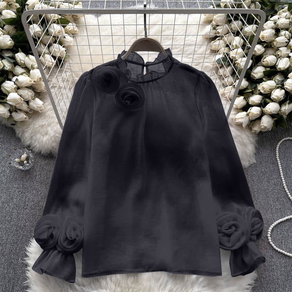 DAFPZW Women Sheer Chiffon Long Sleeve Shirts Ruffle Bubble Sleeve Blouse Crew Neck Flower Casual Tunic Tops