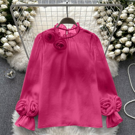 DAFPZW Women Sheer Chiffon Long Sleeve Shirts Ruffle Bubble Sleeve Blouse Crew Neck Flower Casual Tunic Tops