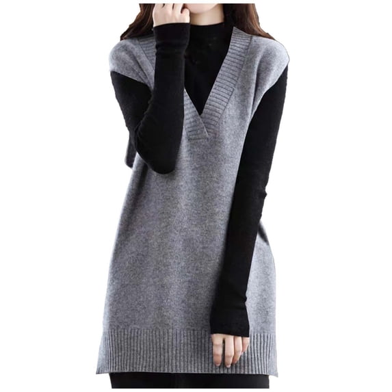 DAFPZW Women Sweater Vest Oversized V-Neck Sleeveless Knit Pullover Ribbed Vest Dress with Pockets
