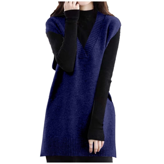 DAFPZW Women Sweater Vest Oversized V-Neck Sleeveless Knit Pullover Ribbed Vest Dress with Pockets