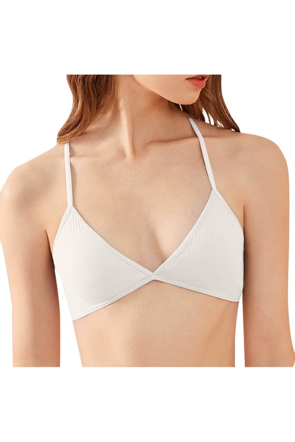 Women Triangle Bralette Deep V Sexy Bra Back Cross Wirefree Bra Ribbed Push Up Padded Bra for Girls