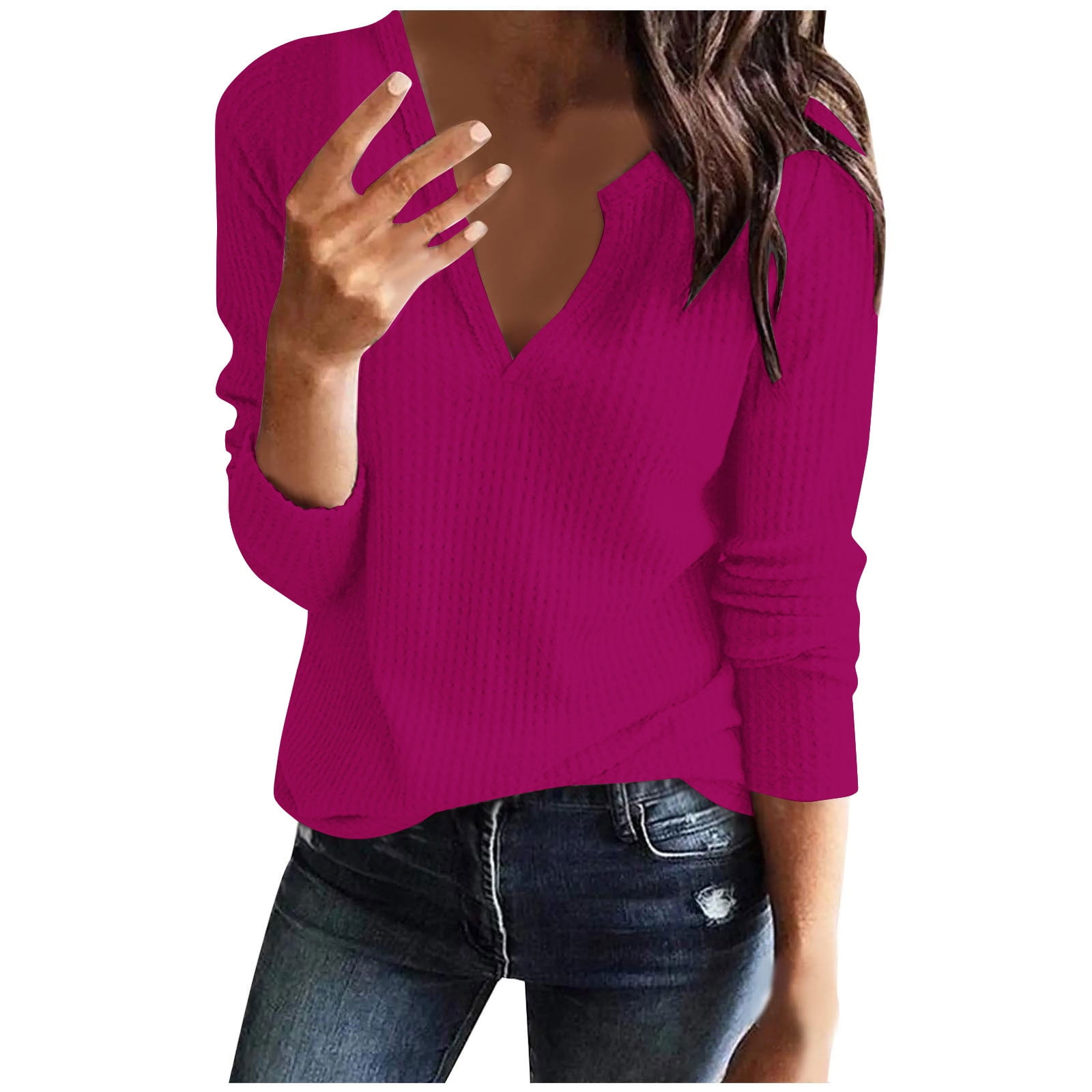 Dellytop Women's V-Neck Waffle Knit Shirt – Long Sleeve Loose Fit Pullover, Pink - View #10