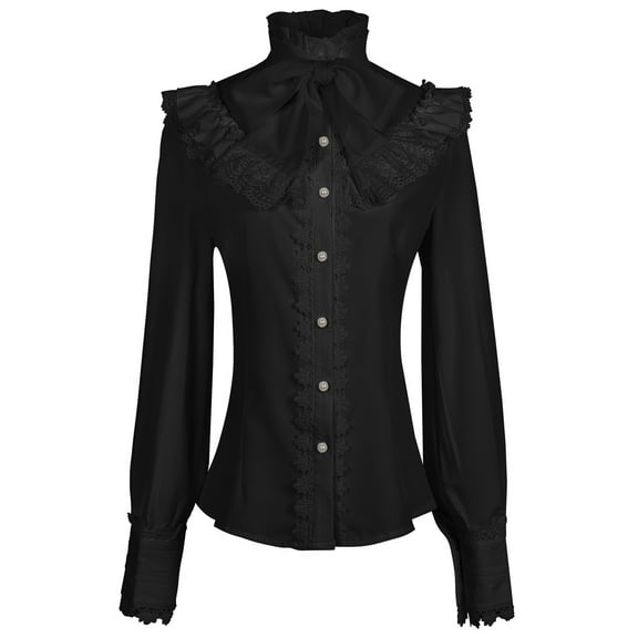 DAFPZW Women Victorian Blouse Gothic Shirts Vintage Lace Long Sleeve Ruffled Blouses with a Bow Button Down Shirt