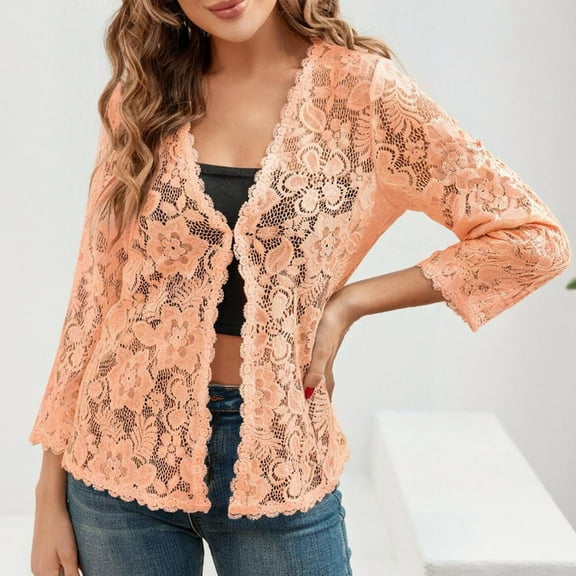 DAFPZW Women's 3/4 Sleeve Cardigan Bolero Shrugs Crochet Lace Open Front Cardigans Summer Casual Loose Fashion Tops Outifits
