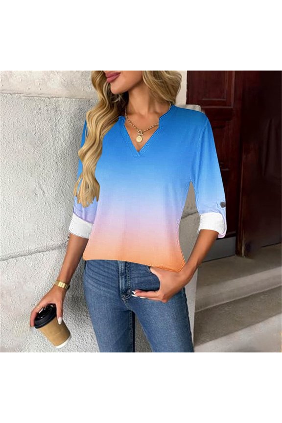 Women's 3/4 Sleeve V-Neck Tops Summer Fall Business Casual Work Shirts 2025 Trendy Loose Fit Basic Tees