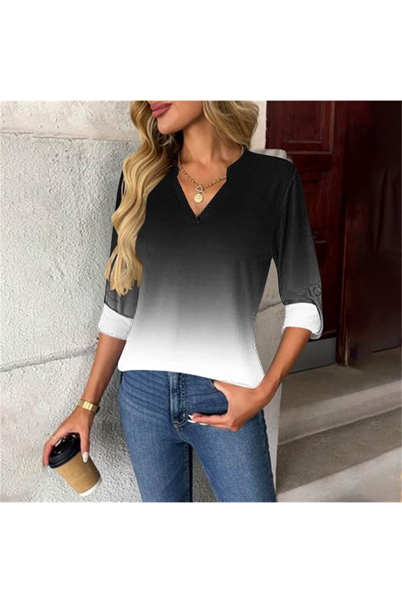 Women's 3/4 Sleeve V-Neck Tops Summer Fall Business Casual Work Shirts 2025 Trendy Loose Fit Basic Tees