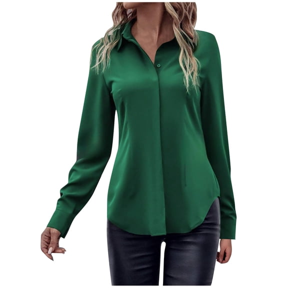DAFPZW Women's Blouses Fashion Solid Curved Hem Casual Button Long Sleeve Black Shirt Trendy Tshirts Tops