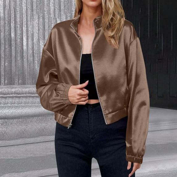 DAFPZW Women's Bomber Satin Lightweight Jacket Drop Shoulder Long Sleeve Zip Up Outerwear