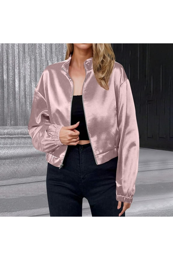 Women's Bomber Satin Lightweight Jacket Drop Shoulder Long Sleeve Zip Up Outerwear