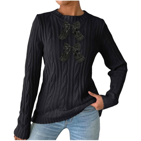 DAFPZW Women's Bow Sweater Cable Knit Mock Neck Long Sleeve Shirts Fall Fashion Pullover Tops