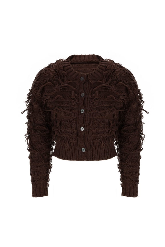 Women's Brown Fuzzy Fringe Crop Cardigan V-Neck Button Front Chunky Knit Tassel Long Sleeve Sweater