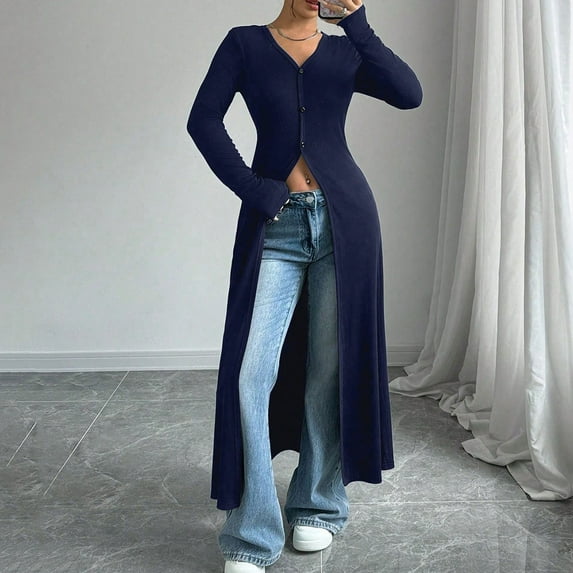 DAFPZW Women's Button Down Long Cardigan V Neck Slit Ribbed Knit Sweater Casual Going Out Tops