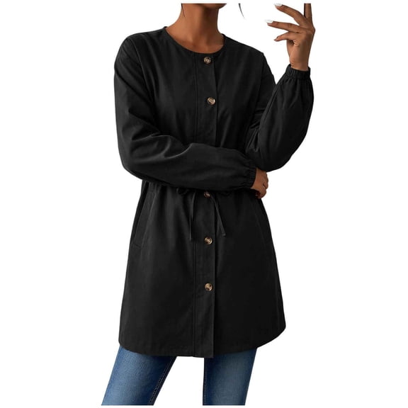 DAFPZW Women's Button Down Trench Coat Loose Crewneck Mid-Lenght Casual Spring Long Sleeve Outerwear Jacket