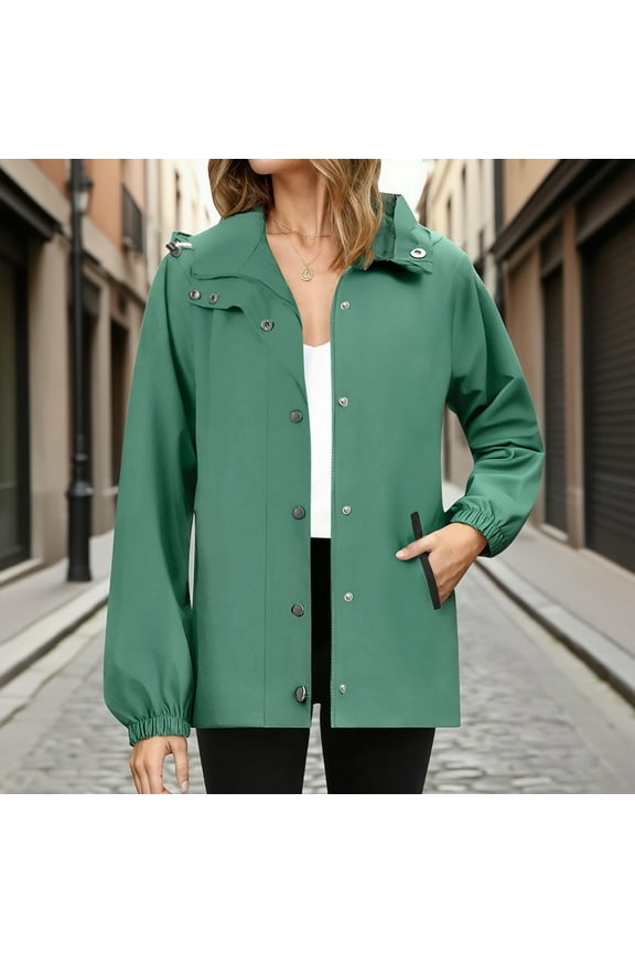 Women's Classic Hooded Rain Parka Lightweight Raincoats Snap Buttons Waterproof Long Rain Coats Windbreaker with Hood