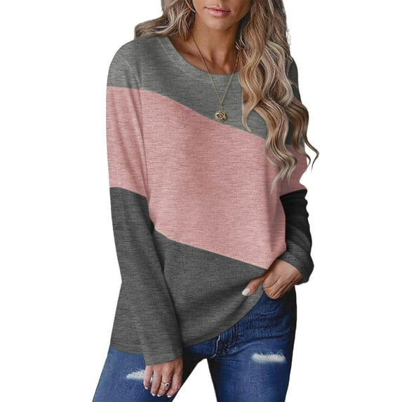 DAFPZW Women's Color Block Tops Long Sleeve Fall Tunic Tops Casual Round Neck Pullover Shirts Dressy Work Outfit
