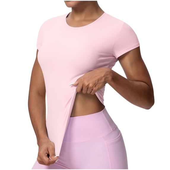 DAFPZW Women's Compression Workout Shirts Breathable Quick Dry Gym Short Sleeve Crew Neck Basic Tops Slim Fit Shirts