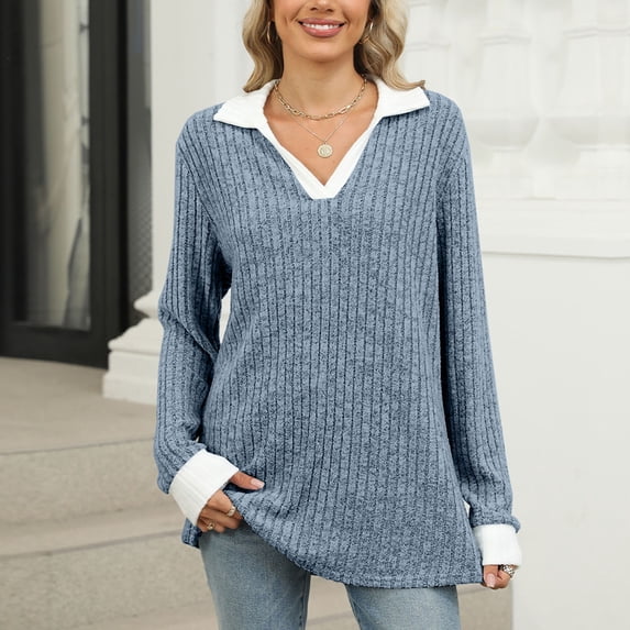DAFPZW Women's Contrast Collared Shirts Casual Long Sleeve Ribbed Fall Tops Lightweight Tunic Sweaters