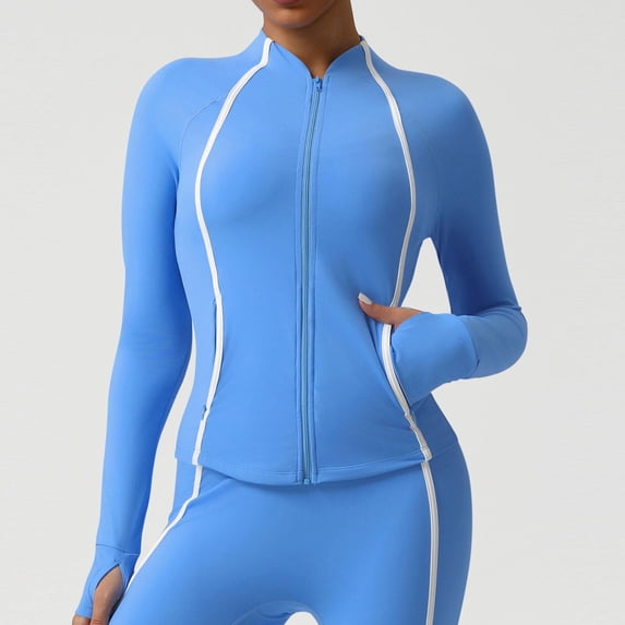DAFPZW Women's Contrast Trim Workout Jacket Stand Collar Zip Up Athletic Long Sleeve Jackets for Gym Running
