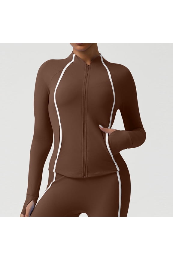 Women's Contrast Trim Workout Jacket Stand Collar Zip Up Athletic Long Sleeve Jackets for Gym Running