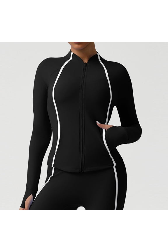 Women's Contrast Trim Workout Jacket Stand Collar Zip Up Athletic Long Sleeve Jackets for Gym Running