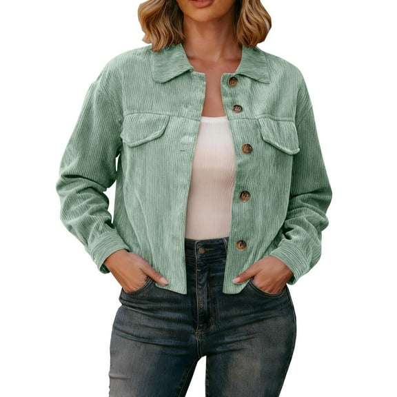 DAFPZW Women's Corduroy Jacket Fashion Cropped Jackets Button Down Shacket Long Sleeve Outerwear with Flap Pockets