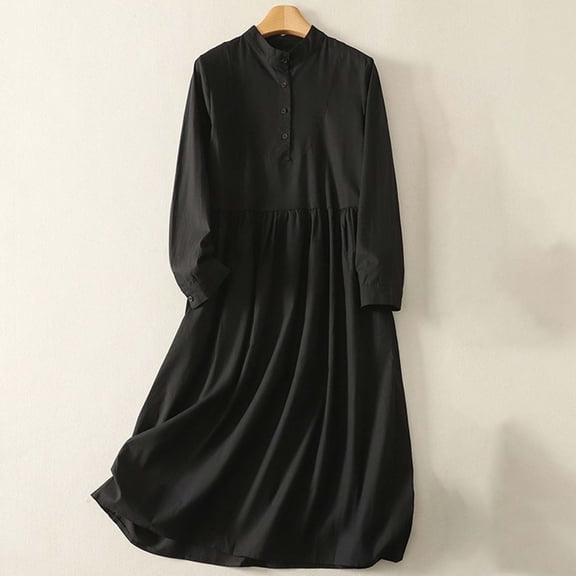 DAFPZW Women's Cotton Linen Dress Long Sleeve Vintage Solid Casual Madi Dress Flowy Loose Dresses