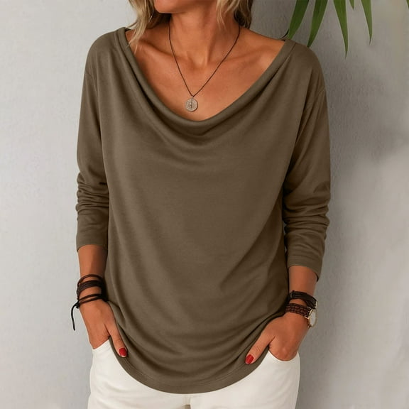 DAFPZW Women's Cowl Neck Ruched Tops Draped Front Long Sleeve Casual Loose Fit Solid Basic Shirts Fall Tunic Blouse