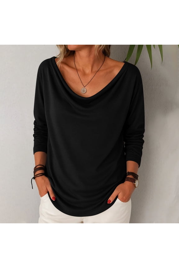 Women's Cowl Neck Ruched Tops Draped Front Long Sleeve Casual Loose Fit Solid Basic Shirts Fall Tunic Blouse