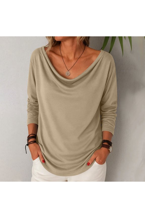 Women's Cowl Neck Ruched Tops Draped Front Long Sleeve Casual Loose Fit Solid Basic Shirts Fall Tunic Blouse