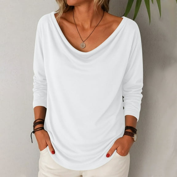 DAFPZW Women's Cowl Neck Ruched Tops Draped Front Long Sleeve Casual Loose Fit Solid Basic Shirts Fall Tunic Blouse