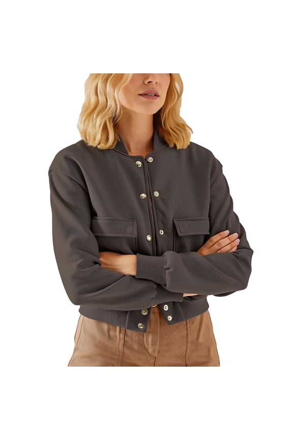 Women's Cropped Bomber Jackets Lightweight Button Up Stand Collar Long Sleeve Casual Short Jacket with Pockets