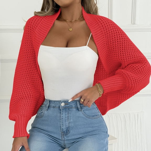 DAFPZW Women's Cropped Cardigan Sweater Long Sleeve Open Front Crochet Knit Shrug for Women Fall Cardigans