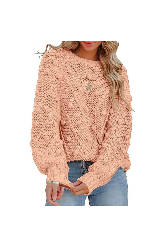 Women's Fall Winter Warm Knit Sweaters Puff Long Sleeve Crewneck Chunky Pompom Holiday Pullover Tops