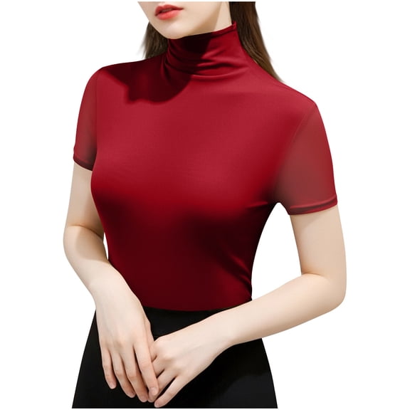 DAFPZW Women's Fashion Business Casual Tops Mock Neck Shirts Short Sleeve Turtleneck Tops Solid Dressy Blouses